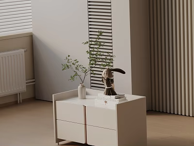 Modern Minimalist White Bedside Table With Two Drawers White Vase Green Plant And Rabbit Figurine 3d model