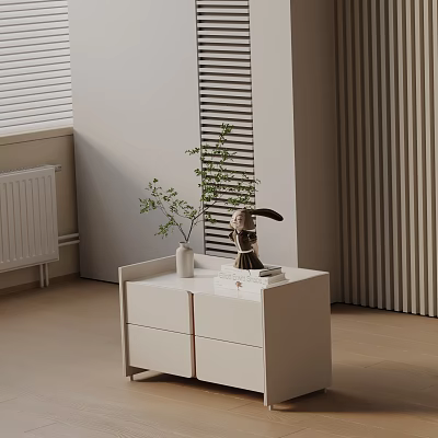 Modern Minimalist White Bedside Table With Two Drawers White Vase Green Plant And Rabbit Figurine 3d model