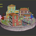 Cartoon Scene With Colorful Buildings Red Yellow Roofs Small Street Trees And Small Boat