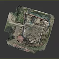 Modern Ancient Ruins Model Display With Broken Walls Green Vegetation Red Dome And Detailed Decorations