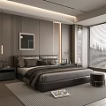 Double Bed In Modern Bedroom Interior With Bedside Table Lamp Roller Shades And Rug