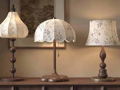 Classic Chinese Style Table Lamps With Wooden Bases And Floral Pattern Shades On Wooden Shelf 3d model
