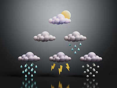 Weather Icons Displaying Clouds Sun Rain Drops Lightning Bolts And Snowflakes 3d model