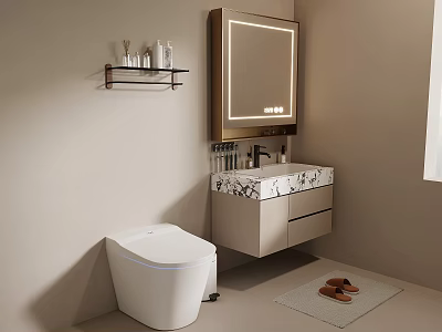 Modern Bathroom Vanity with Illuminated Mirror Marble Countertop and Storage Cabinets 3d model