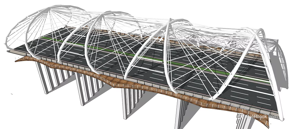 Modern Bridge With White Arch Frame Structure And Multi Lane Roadway 3d model