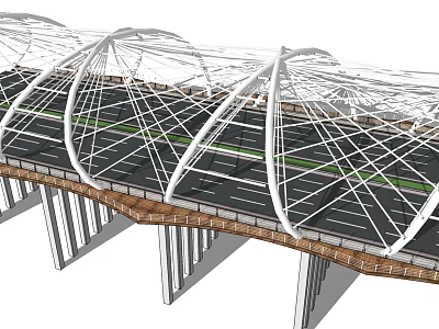 Modern Bridge With White Arch Frame Structure And Multi Lane Roadway 3d model