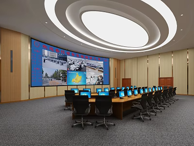 Modern Conference Room Interior With Large Screen Conference Table Computers And Chairs 3d model
