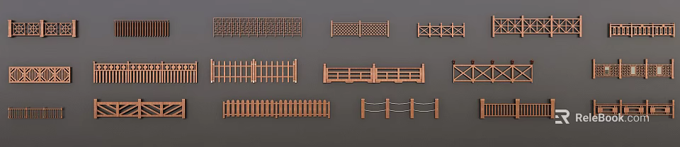 Wooden Railings With Various Designs Including Grid Fence And Rope Styles 3d model 