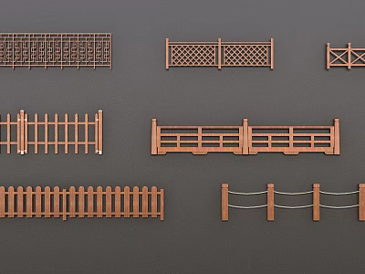 Wooden Railings With Various Designs Including Grid Fence And Rope Styles 3d model