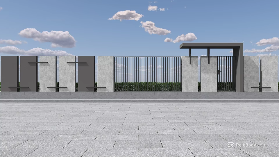 Modern Fence Design With Vertical Metal Bars And Concrete Pillars In Outdoor Square 3d model 