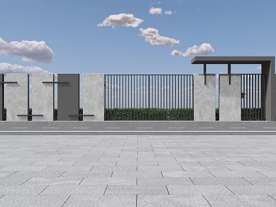 Modern Fence Design With Vertical Metal Bars And Concrete Pillars In Outdoor Square 3d model