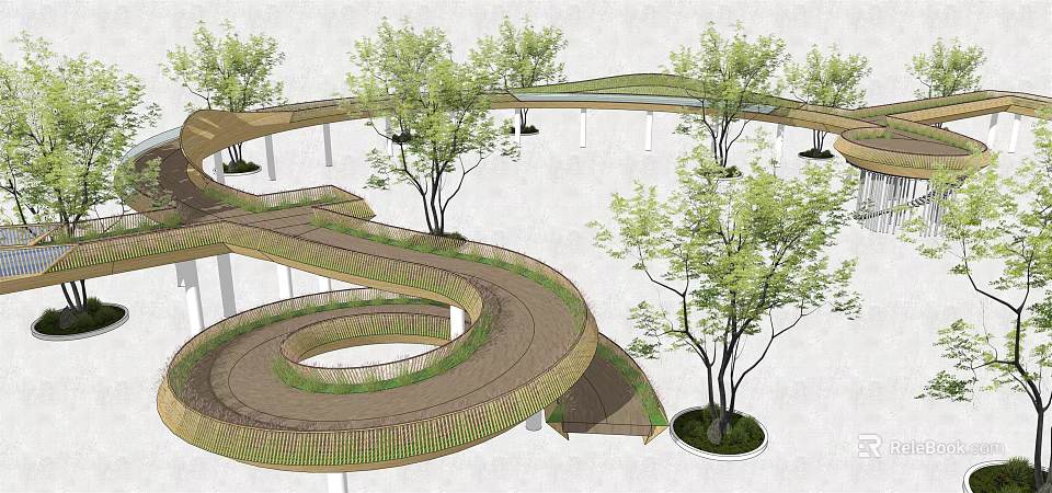 Spiral Wooden Landscape Bridge with Winding Structure Surrounded by Trees 3d model