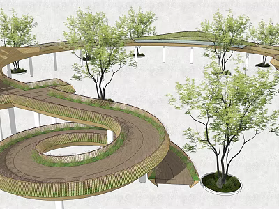 Spiral Wooden Landscape Bridge with Winding Structure Surrounded by Trees 3d model