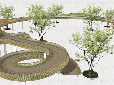 Modern Plank Road Park Special-shaped Landscape Bridge Curve Streamline Aerial View Plank Road model