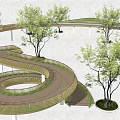 Spiral Wooden Landscape Bridge with Winding Structure Surrounded by Trees 3d model