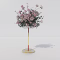 Elegant Banquet Hall Decoration With Tall Gold Red Flower Stand And Pink White Bouquets