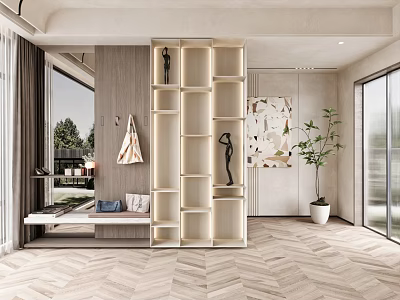 Modern Shoe Cabinet Shoe Changing Stool Decoration Cabinet Entrance Hallway Bag Hanging Painting Green Plant 3d model