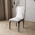 Modern Minimalist White Upholstered Dining Chair With Herringbone Floor Curtains Grid Wall And Potted Plant