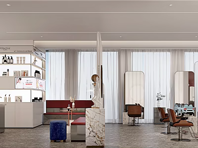 Modern Beauty Hair Salon Interior With Styling Chairs Mirrors Product Shelves Counter And Lighting 3d model