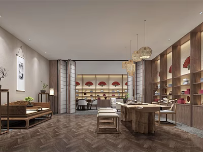 Traditional Chinese Specialty Store With Wooden Display Shelves Tea Sets Decorations And Pendant Lights 3d model