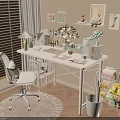Modern White Desk Interior With Table Lamp Stationery Flower Vase And Storage Shelf