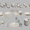 White Dinnerware Set Featuring Cups Plates Bowls Teapots Glasses And Utensils