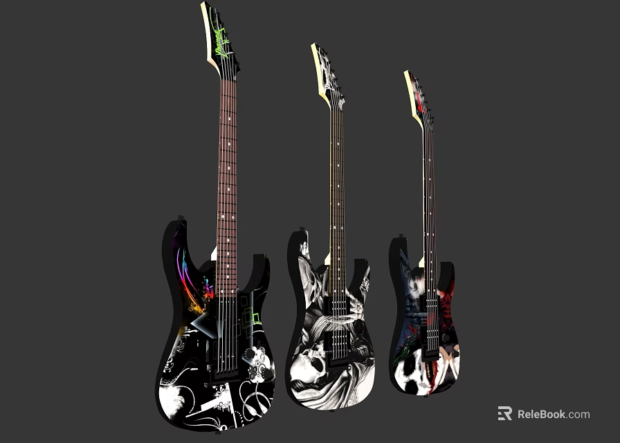 Electric Bass Guitars With Artistic Painted Designs Colorful Musical Instruments And Art Supplies 3d model 