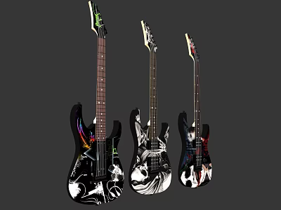 Electric Bass Guitars With Artistic Painted Designs Colorful Musical Instruments And Art Supplies 3d model