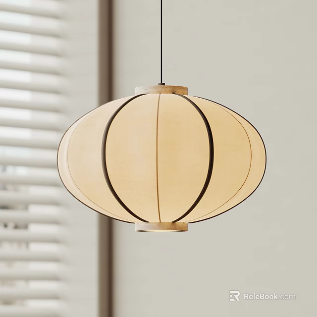 Modern Round Pendant Light In Beige Linen With Black Trim For Home Interior 3d model 