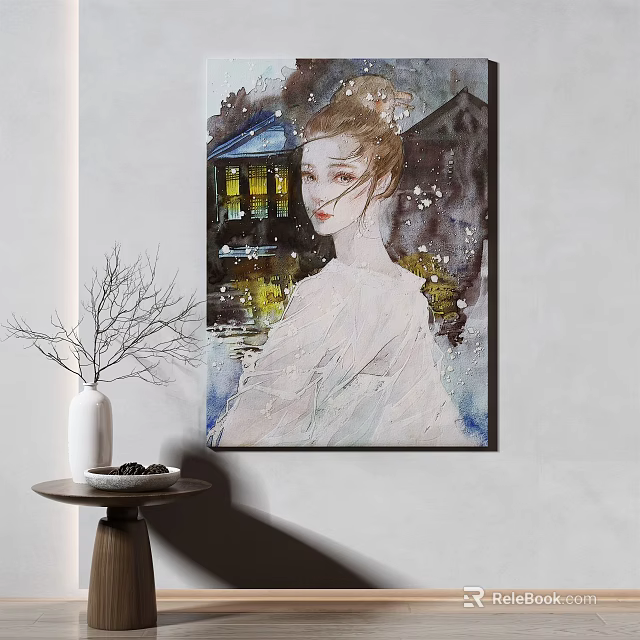 Watercolor Style Female Portrait Painting With Building Background And Interior Decorative Elements 3d model 