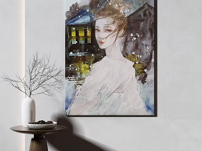 Watercolor Style Female Portrait Painting With Building Background And Interior Decorative Elements 3d model
