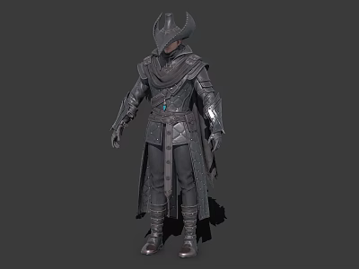 Fantasy Game Character In Metallic Armored Robe With Horned Helmet And Blue Gem 3d model