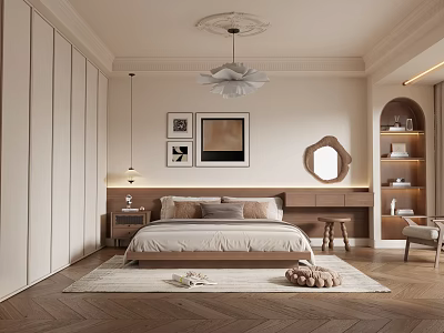 Elegant Bedroom With Built In Wardrobes Round Mirror Decorative Paintings And Wooden Herringbone Floor 3d model