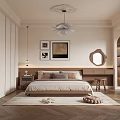 Elegant Bedroom With Built In Wardrobes Round Mirror Decorative Paintings And Wooden Herringbone Floor
