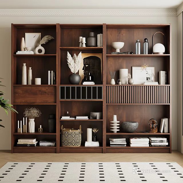 Elegant Wooden Bookcase With Multiple Shelves Decorative Items Books And Storage 3d model 