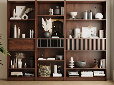 Elegant Wooden Bookcase With Multiple Shelves Decorative Items Books And Storage 3d model