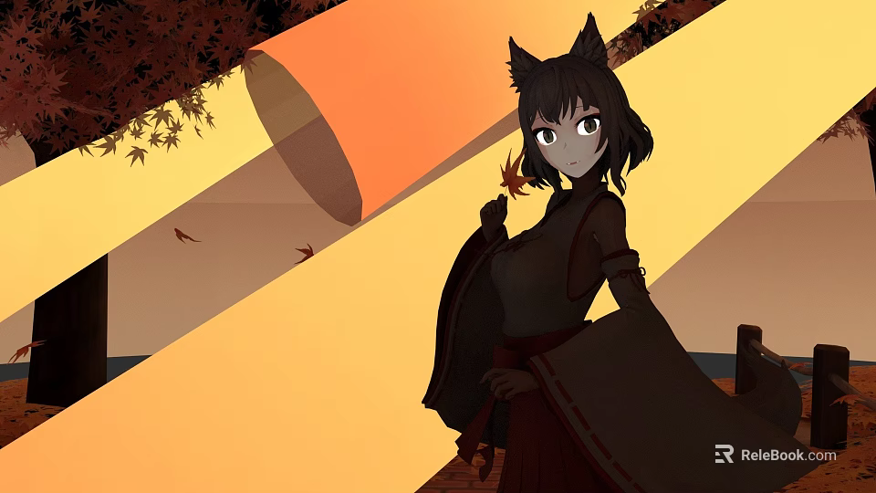 Cat Eared Girl In Kimono With Autumn Maple Leaves And Scroll Background 3d model 