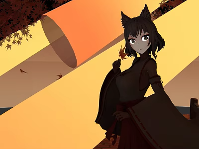 Cat Eared Girl In Kimono With Autumn Maple Leaves And Scroll Background 3d model