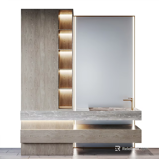 Modern Wooden Bathroom Vanity With Marble Countertop Recessed Lighting Gold Faucet And Large Mirror 3d model 
