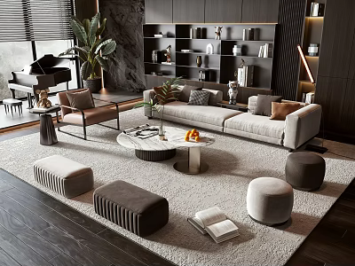 Modern Living Room Sofa And Coffee Table Set With Round Table Ottomans And Area Rug 3d model
