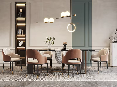 Modern Dining Table Set With Upholstered Chairs Pendant Light Green Plant And Wall Decor 3d model