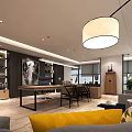 Modern Office Interior With Work Table Comfortable Sofa Shelves Pendant Light And Large Windows 3d model