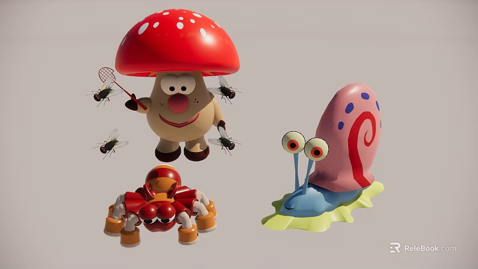 Colorful Playful Landscape Sculptures With Mushroom Crab And Snail Characters 3d model 