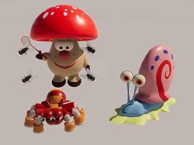 Colorful Playful Landscape Sculptures With Mushroom Crab And Snail Characters 3d model