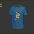 Blue Short Sleeve T-shirt with Cartoon Character Raising Hands in Yellow Red Outfit