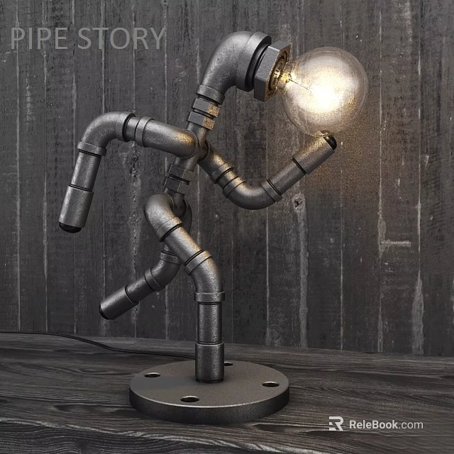 Humanoid Shaped Metal Pipe Table Lamp With Bright Lit Bulb Against Dark Wooden Wall Background 3d model 