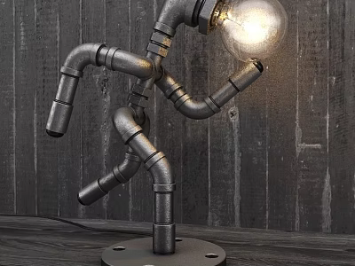 Humanoid Shaped Metal Pipe Table Lamp With Bright Lit Bulb Against Dark Wooden Wall Background 3d model