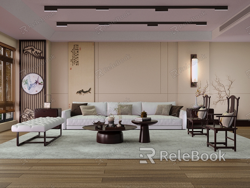 New Chinese style living room mahogany sofa tea table background wall combination model