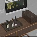 Elegant Decorative Ornament Set With Tray And Bottles And Carved Wooden Box On Wooden Countertop