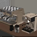 Daily Appliances Featuring Coffee Machines on Wooden Table with Cups and Tiger Container